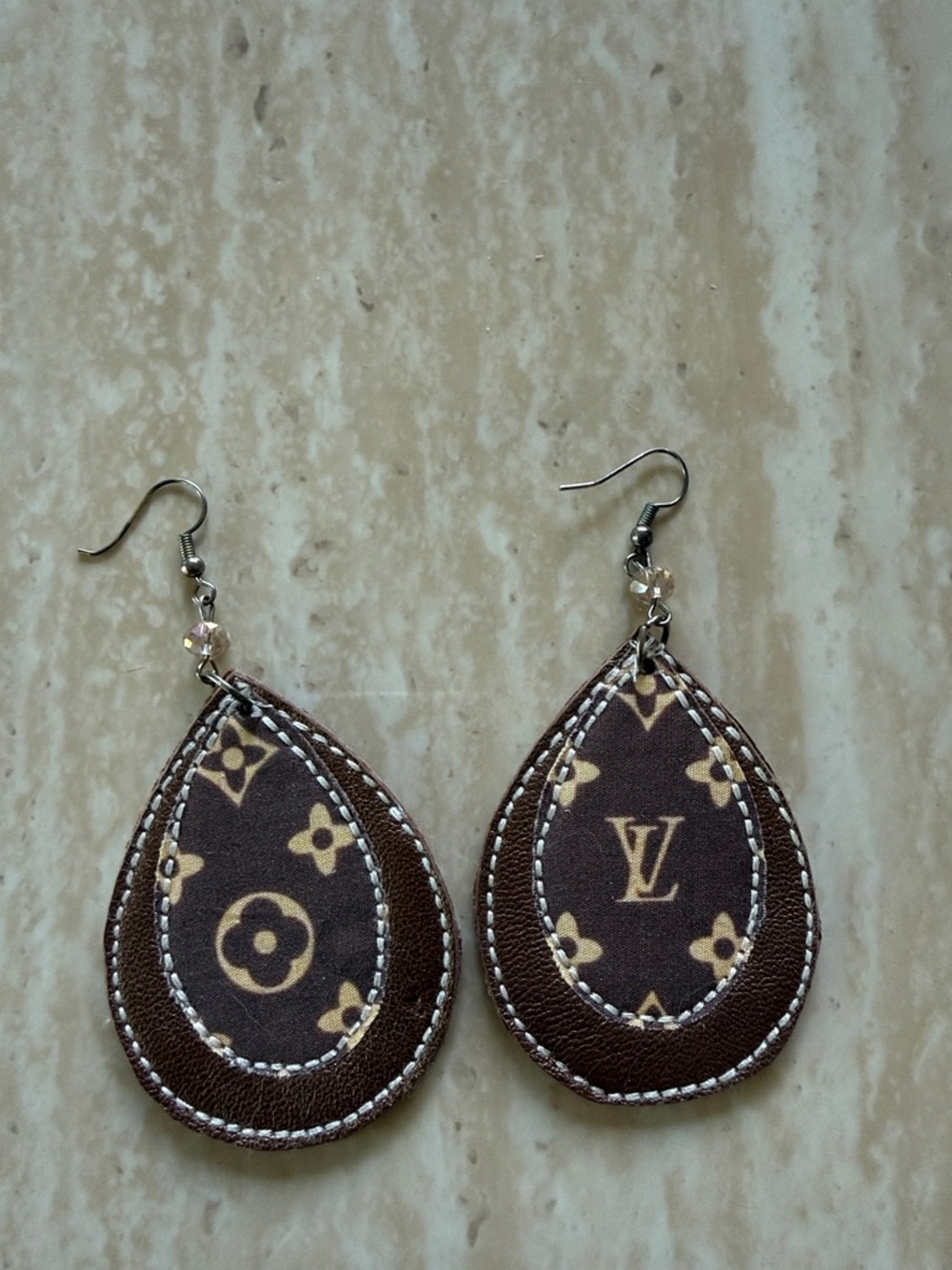 Designer-Style Brown Teardrop Earrings with Monogram Accent - Picture 1 of 2